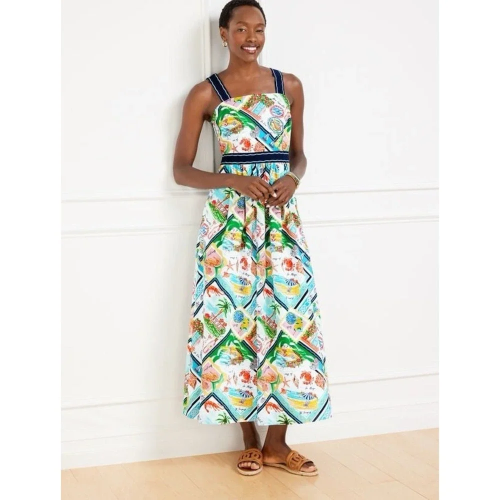 Talbots Modern‎ Poplin Fit & Flare Dress 16W Summer Vista Midi Coastal Cruise